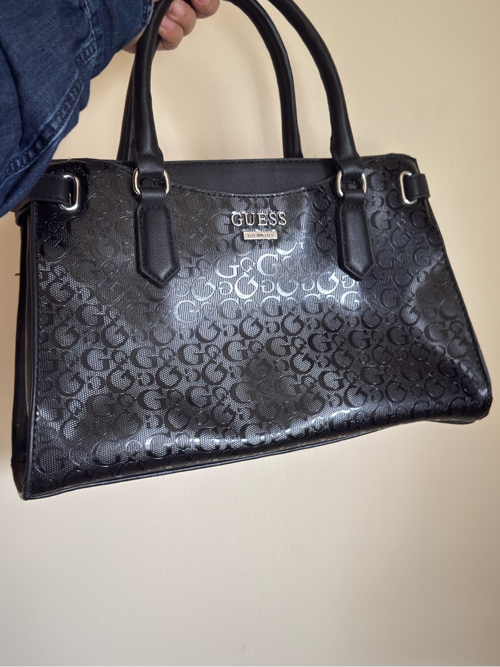 GUESS Black Monogram Satchel with Logo Plaque
